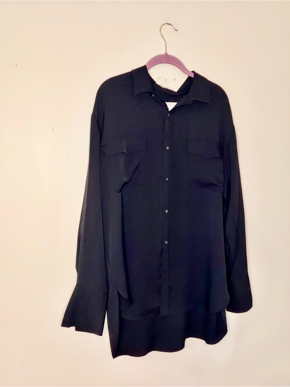 LOFT Black Button-Front Long Sleeve Shirt